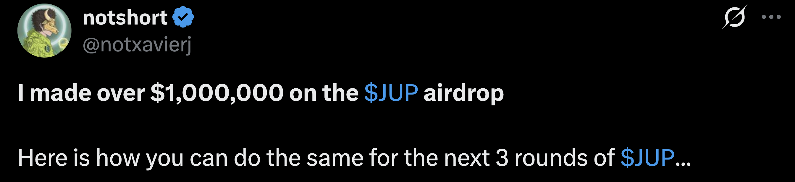 X post of user who made $1m on Jupiter Airdrop