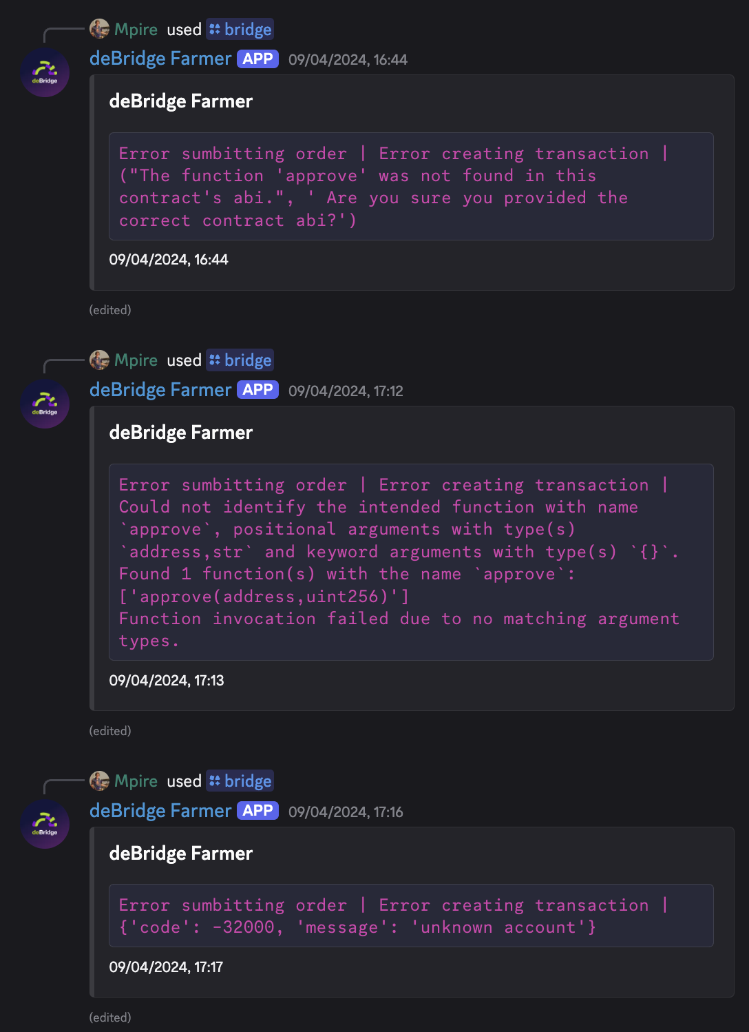 Screenshots of the errors I was getting