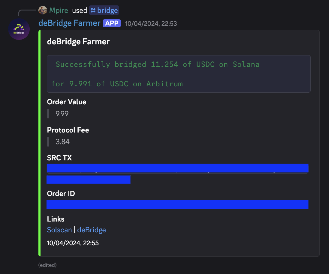 The first successful transaction of the deBridge farmer