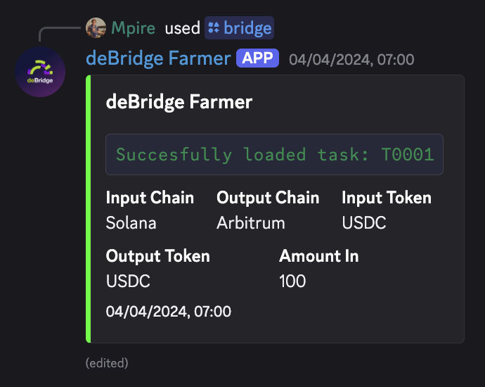 The initial bot message while getting the deBridge farmer setup