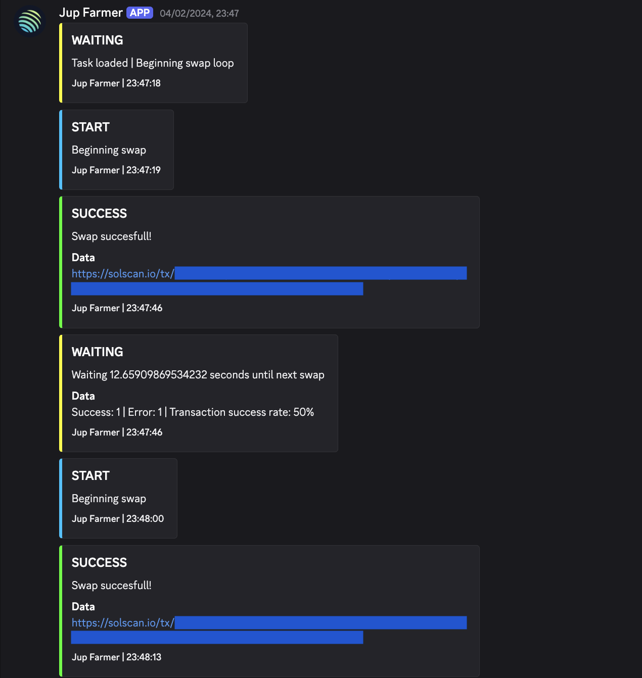 Screenshot of the first successful farming loop on Discord