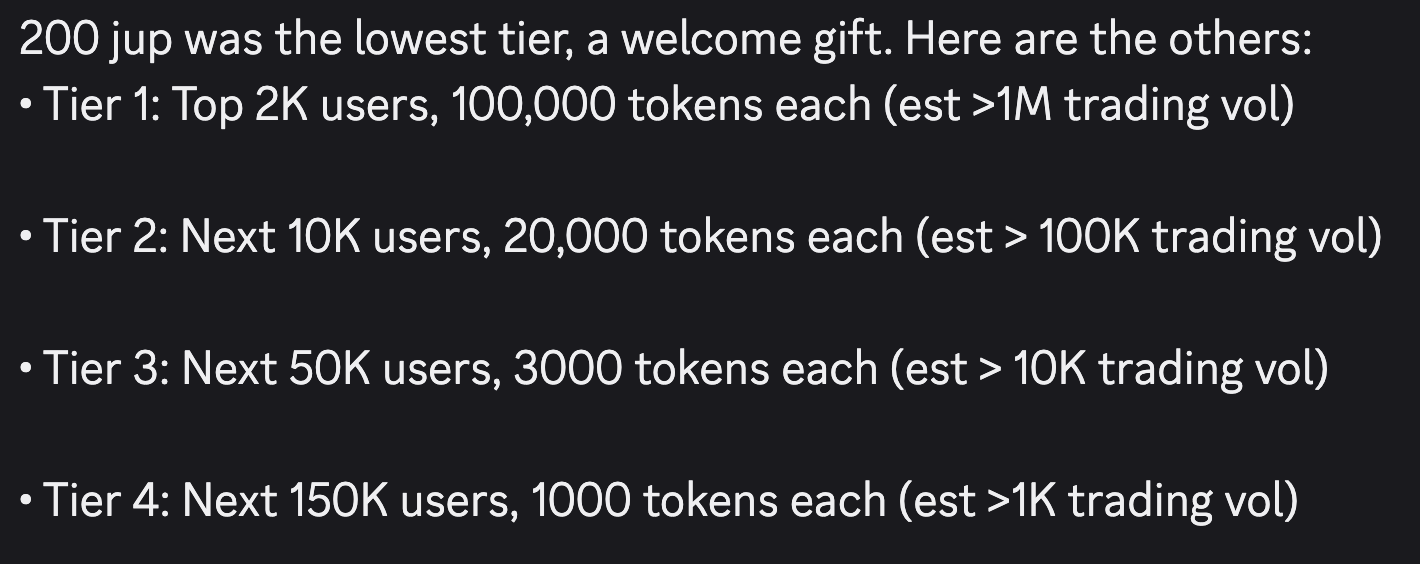 Screenshot of $JUP airdrop tiers from the Jupiter Discord server