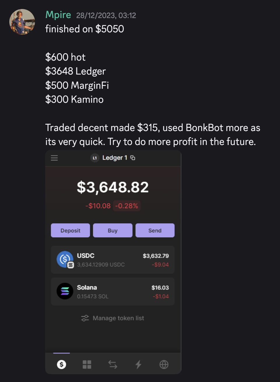 Screenshot from my trading diary in Discord showing $38 crypto wallet balance from mid Nov 2023