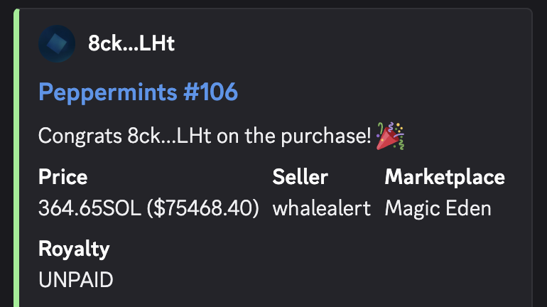 Screenshot of Peppermints NFT bot sold price of $75k